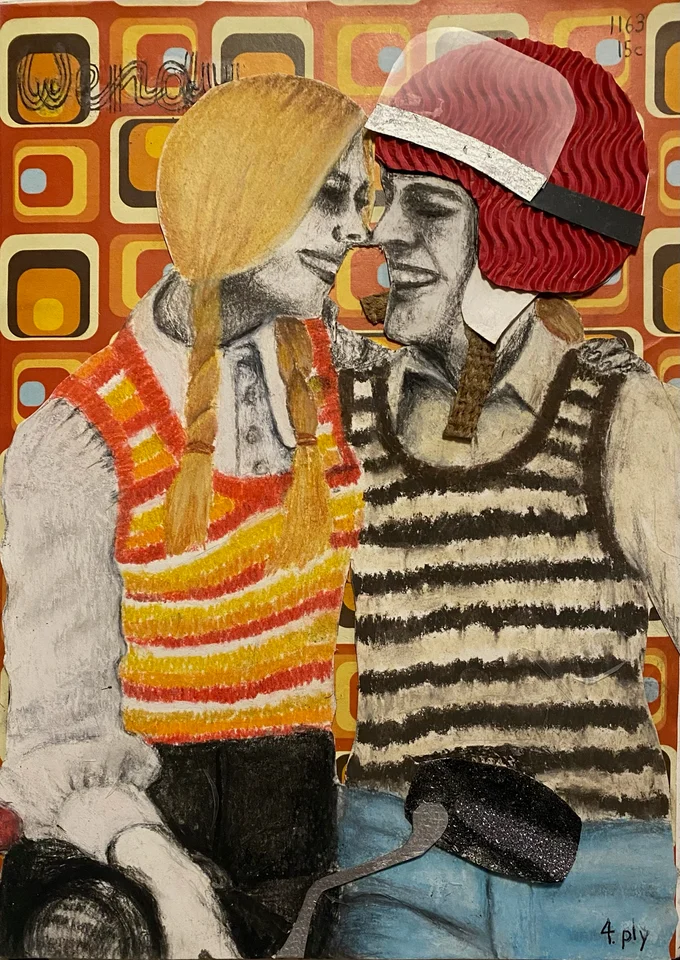 Figures in striped clothing against a colourful patterned interior