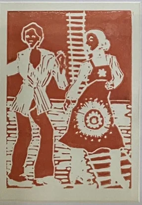 Rust-red and cream print of figures and decorative patterns