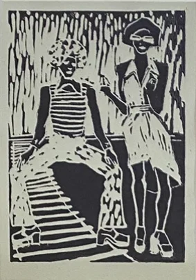 Dark monochrome print of figures in an interior