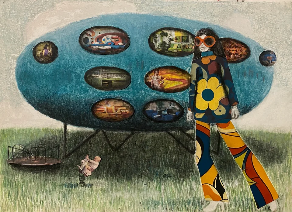 A figure beside a blue oval structure in a landscape