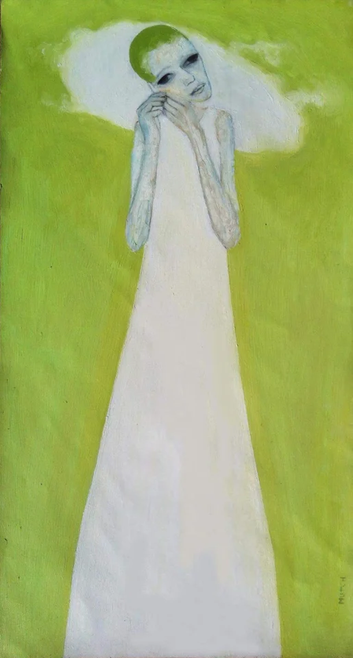 A pale figure in a long white dress with their head surrounded by clouds against a green background
