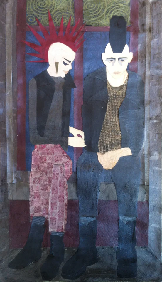 Two stylised figures in dark and patterned clothing