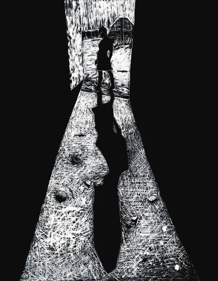 A dark monochrome scene looking through a narrow passage