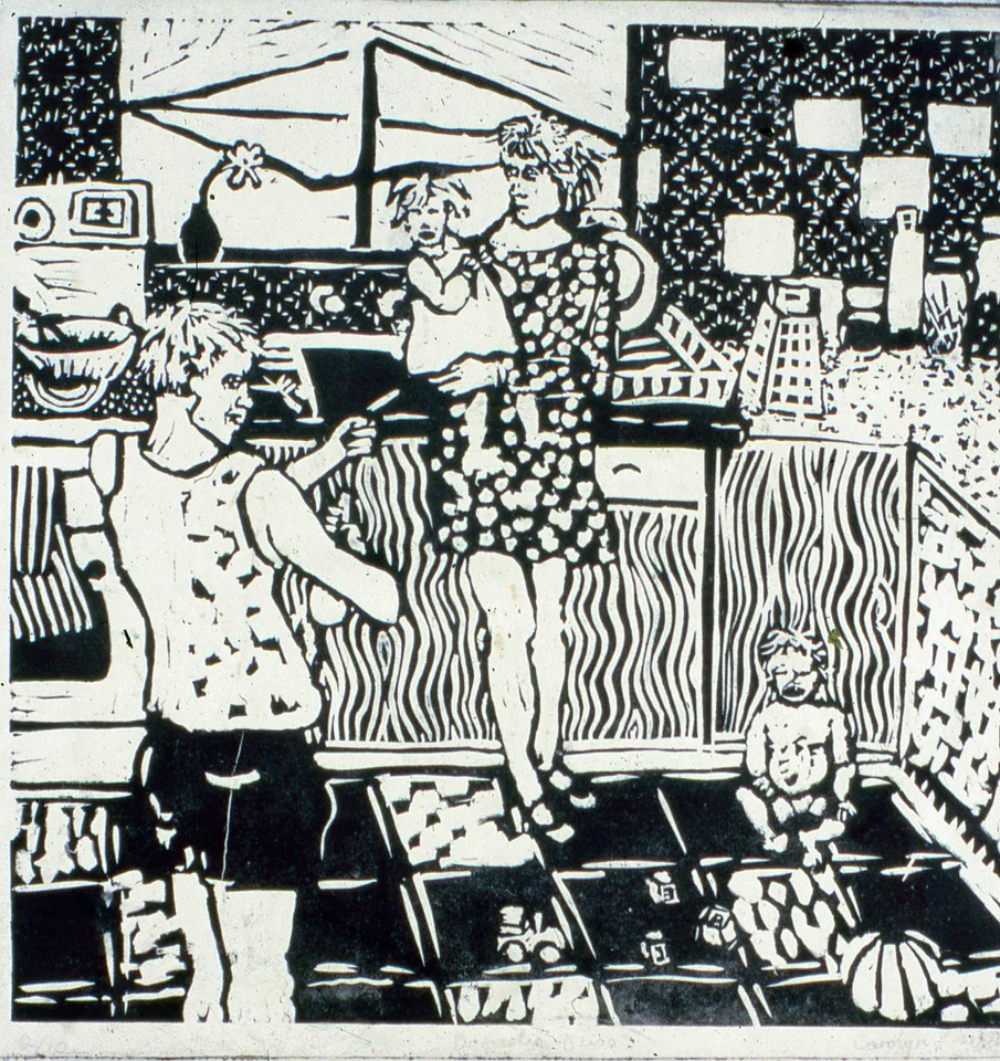 A densely patterned black and white interior scene