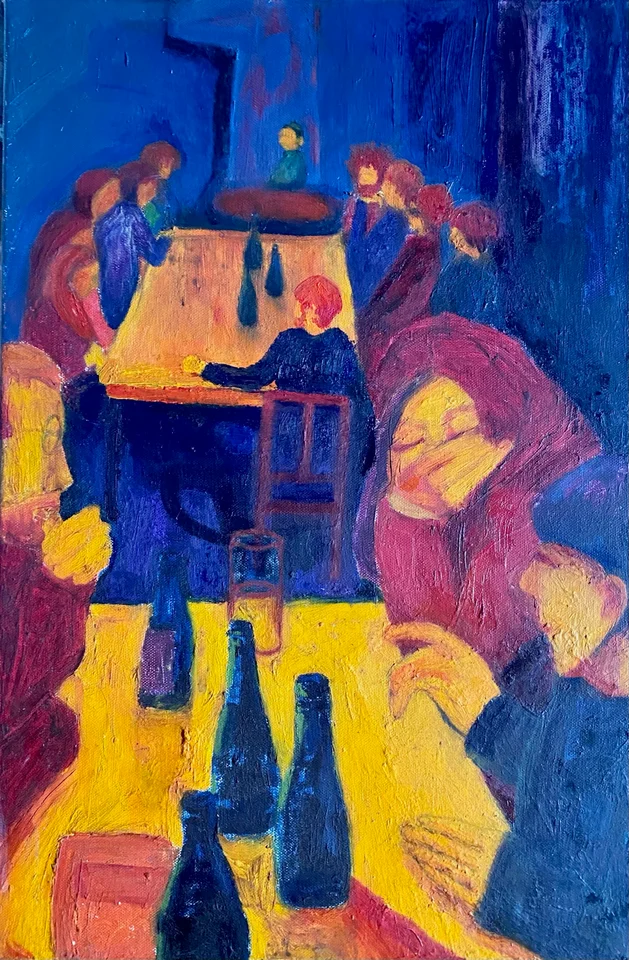 Overlapping figures rendered in bright blue, orange and yellow