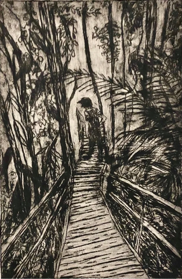 A figure on a path surrounded by trees