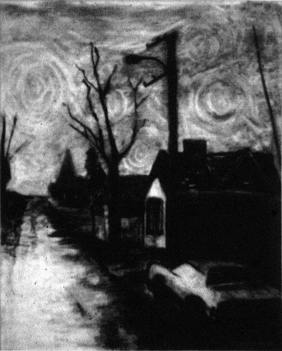 Dark silhouetted trees and a figure in a landscape
