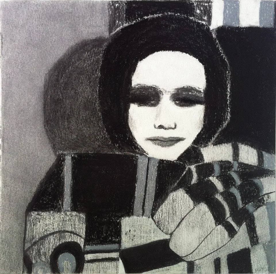 A stylised monochrome portrait with a dark bob and patterned clothing
